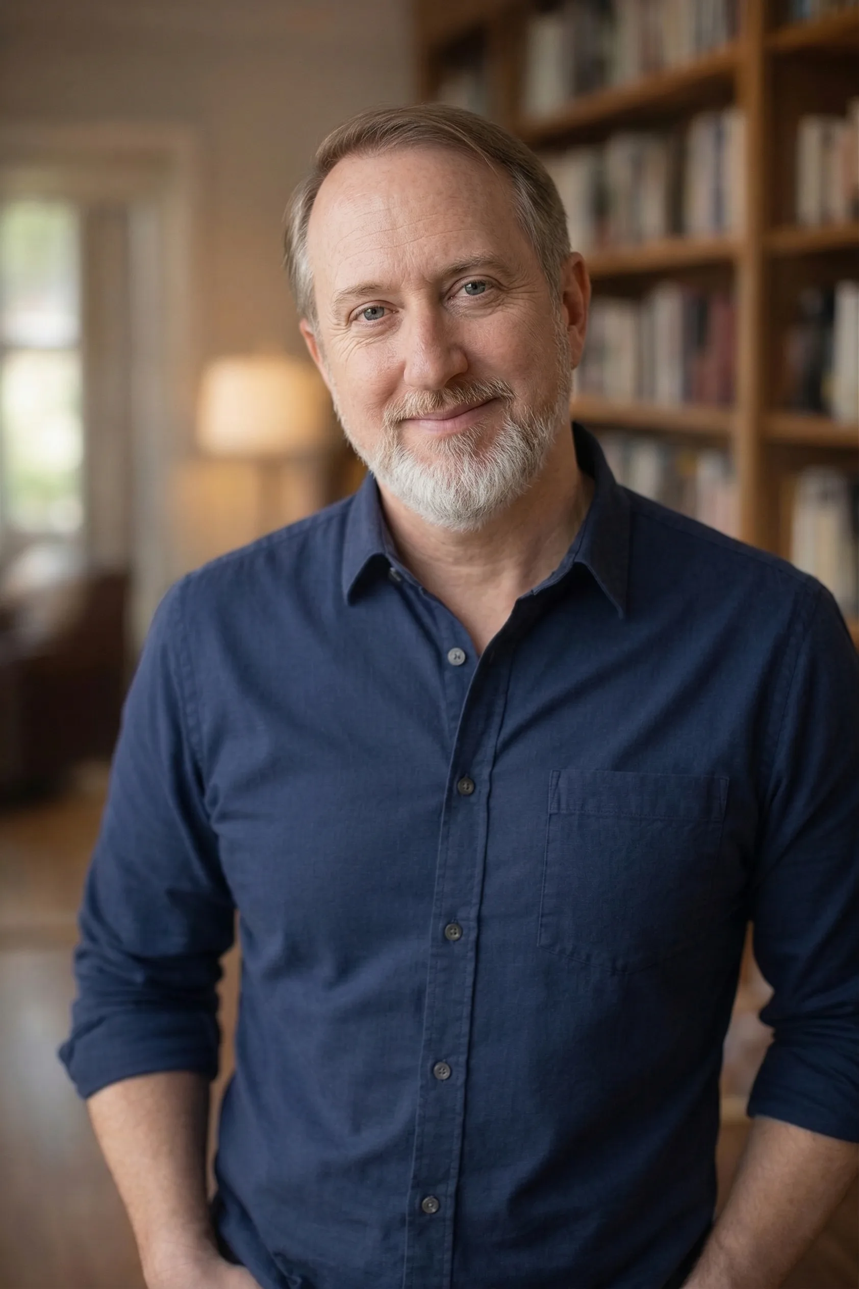 Portrait of Philip Jarrell, standing in a home library with bookshelves and warm lamp light behind